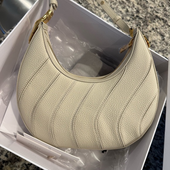 Zornna Luna Leather Half Moon Shoulder Bag in Beige Pebbled Leather - Picture 6 of 9